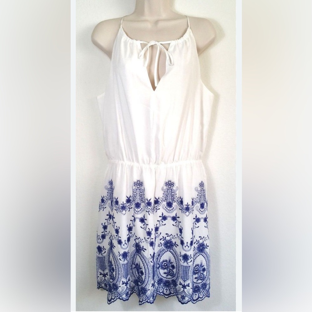 PARKER Sz M EMBROIDERED SCALLOPED HEM HALTER NECK DRESS